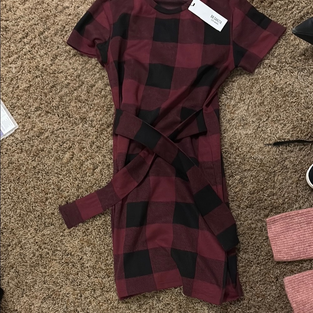 BB Dakota Burgundy and Black Checkered Mini Dress